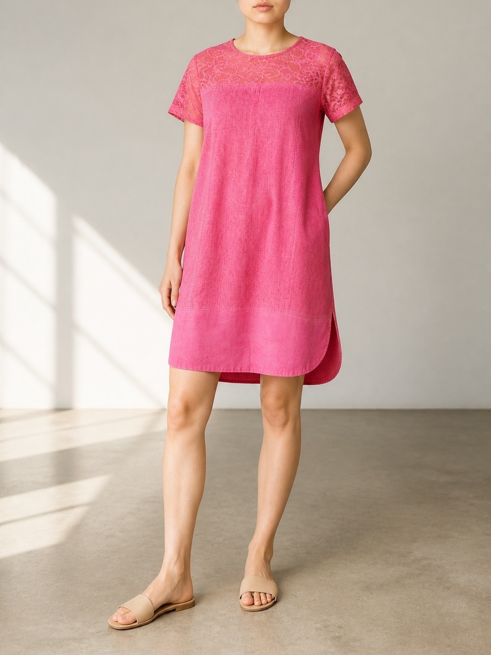 Maloka Pink Linen Blend Shift Dress with Lace Yoke Short Sleeve Size Small